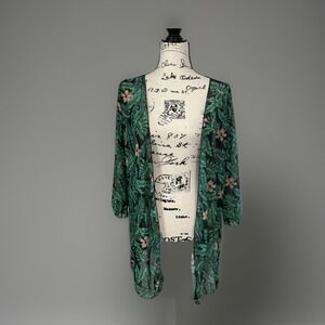 Tropical Floral Print Kimono‎ Cover Up Green Peach Lightweight Duster